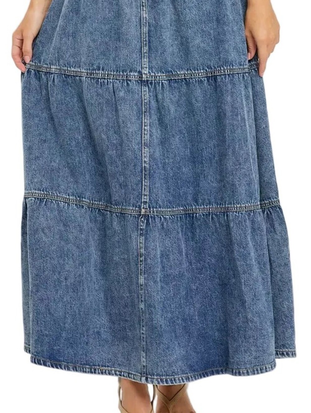 Risen High-Rise Button Elastic Waist Tiered Ruffle Cotton Denim Maxi Jean Skirt - Picture 14 of 14
